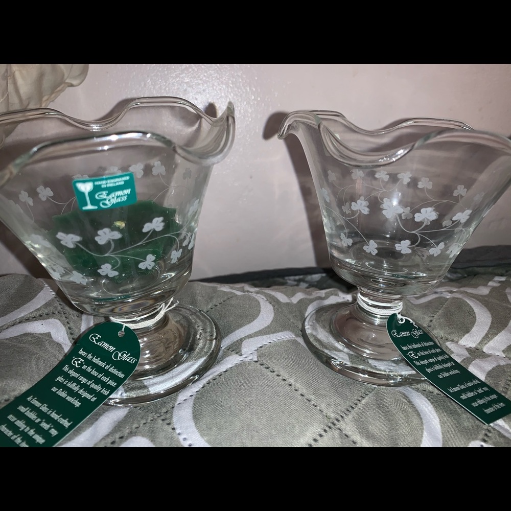2 Eamon glass votive holders w/ shamrocks